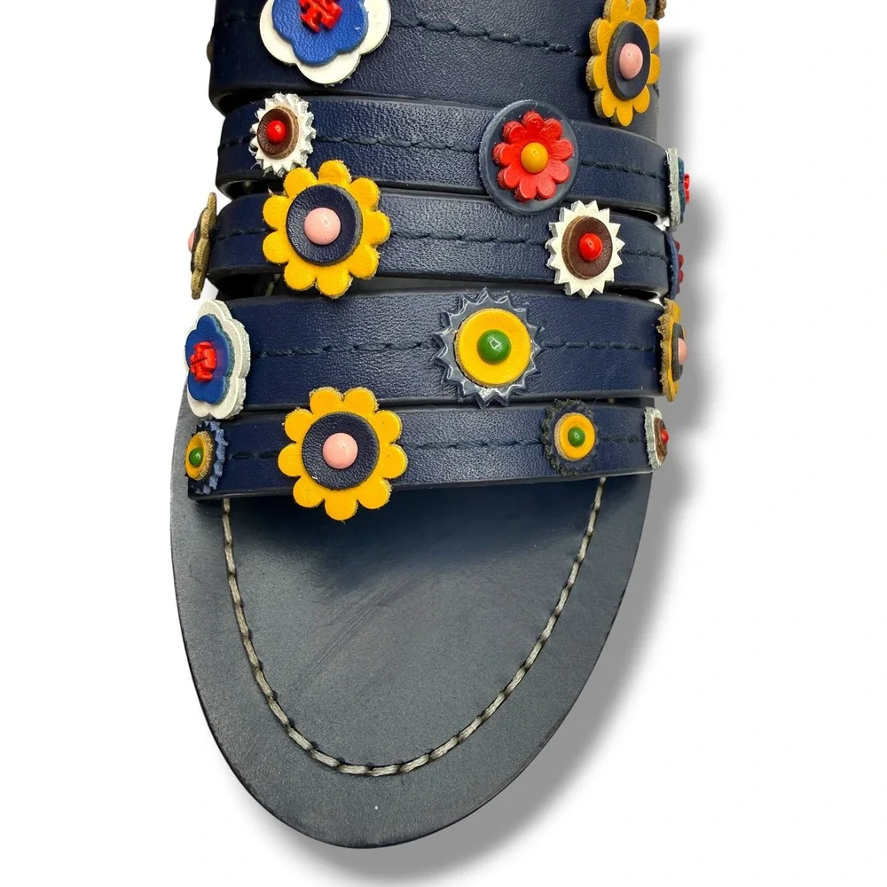 Tory Burch Marguerite Sandals 8 Navy Leather Floral Summer Casual‎ Boho